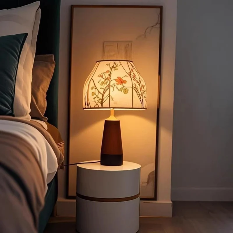 Modern Art Deco Copper Wood Fabric Umbrella Round 1-Light Table Lamp For Bedroom