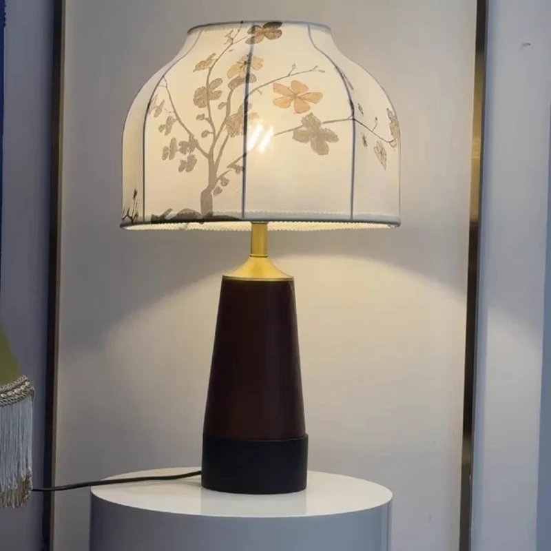 Modern Art Deco Copper Wood Fabric Umbrella Round 1-Light Table Lamp For Bedroom