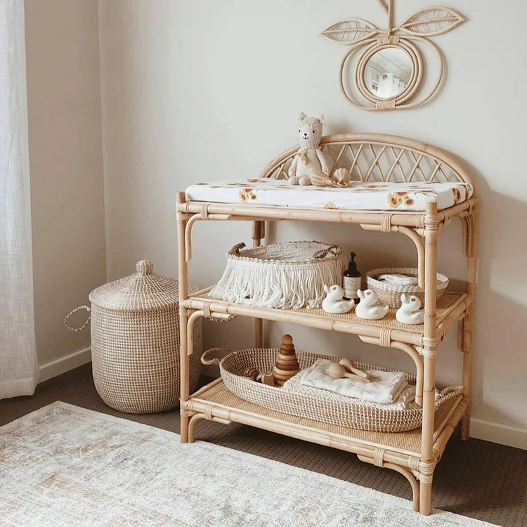Contemporary Nordic Rectangular Genuine Rattan Weaving Kids Display Rack 3-Tier For Living Room