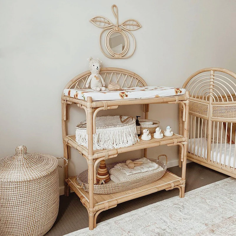 Contemporary Nordic Rectangular Genuine Rattan Weaving Kids Display Rack 3-Tier For Living Room