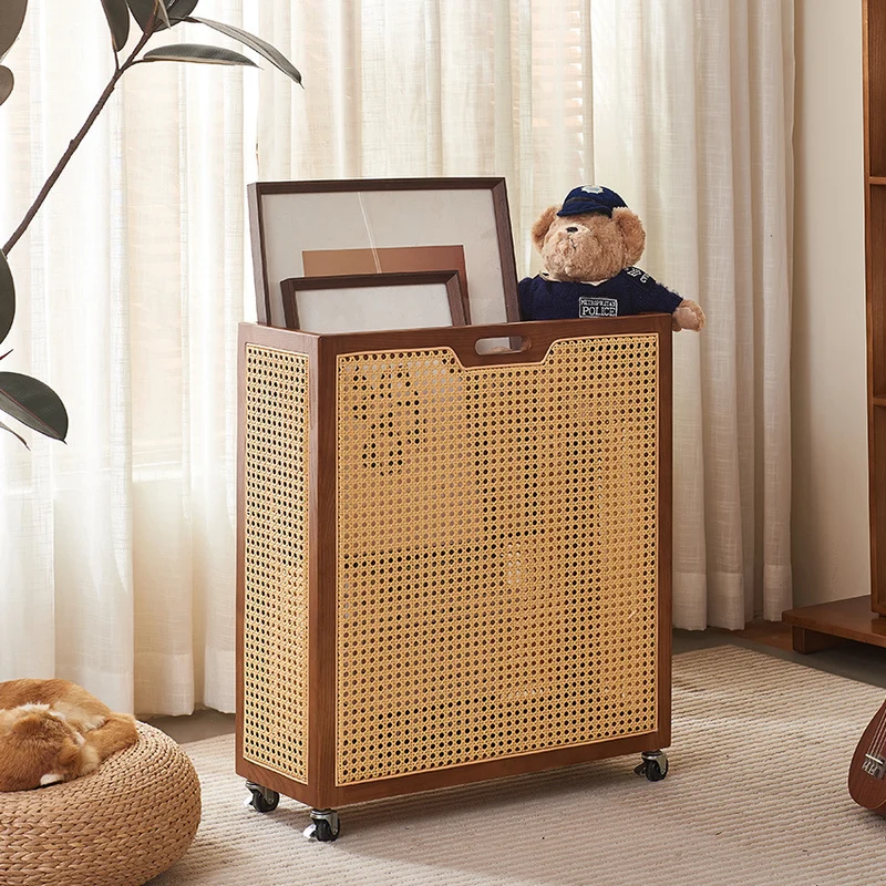 Contemporary Boho Rectangular Solid Wood Plastic Rattan Weaving Movable Storage Cabinet 1-Storage For Living Room