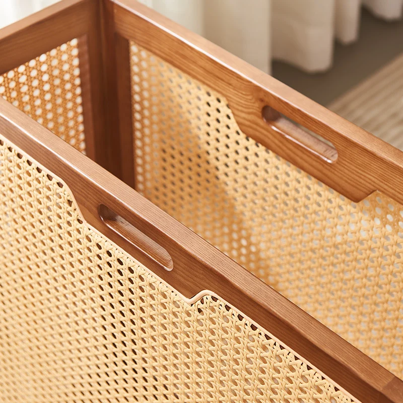 Contemporary Boho Rectangular Solid Wood Plastic Rattan Weaving Movable Storage Cabinet 1-Storage For Living Room