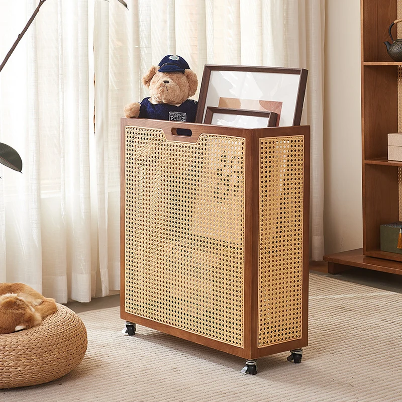Contemporary Boho Rectangular Solid Wood Plastic Rattan Weaving Movable Storage Cabinet 1-Storage For Living Room