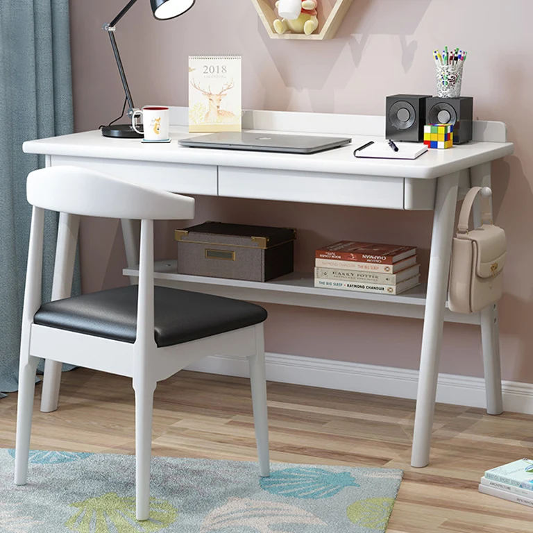 Modern Minimalist Rectangular Solid Wood Desks 4-Leg 2-Drawer 2-Tier For Home Office