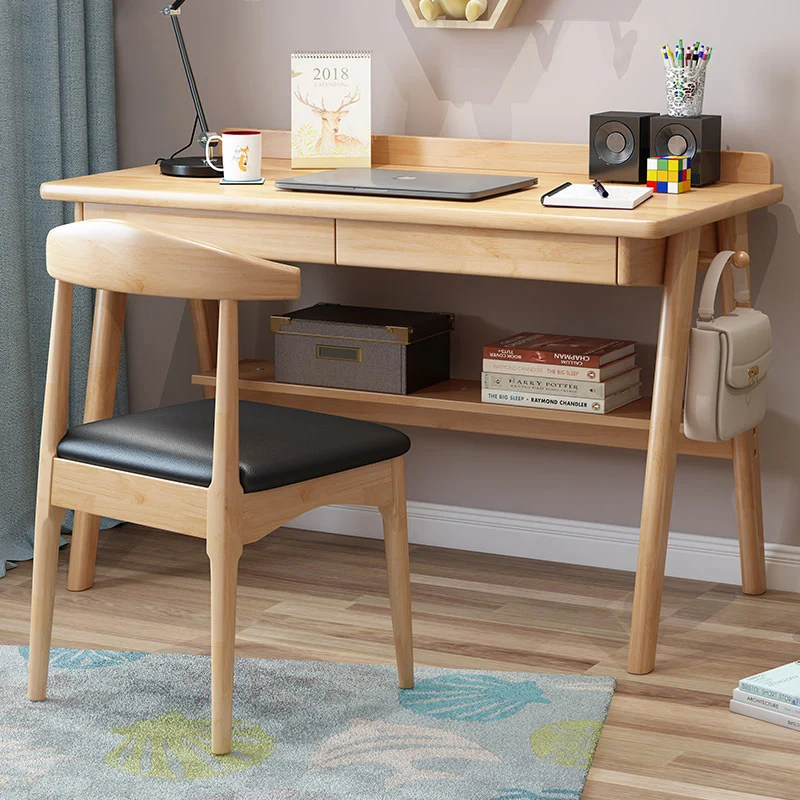 Modern Minimalist Rectangular Solid Wood Desks 4-Leg 2-Drawer 2-Tier For Home Office