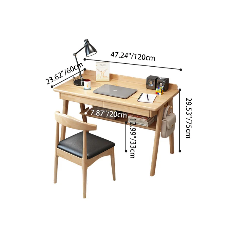 Modern Minimalist Rectangular Solid Wood Desks 4-Leg 2-Drawer 2-Tier For Home Office