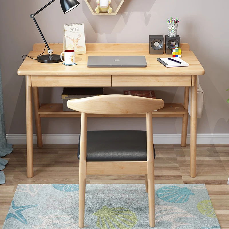 Modern Minimalist Rectangular Solid Wood Desks 4-Leg 2-Drawer 2-Tier For Home Office