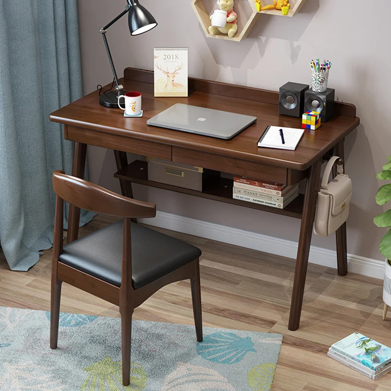 Modern Minimalist Rectangular Solid Wood Desks 4-Leg 2-Drawer 2-Tier For Home Office