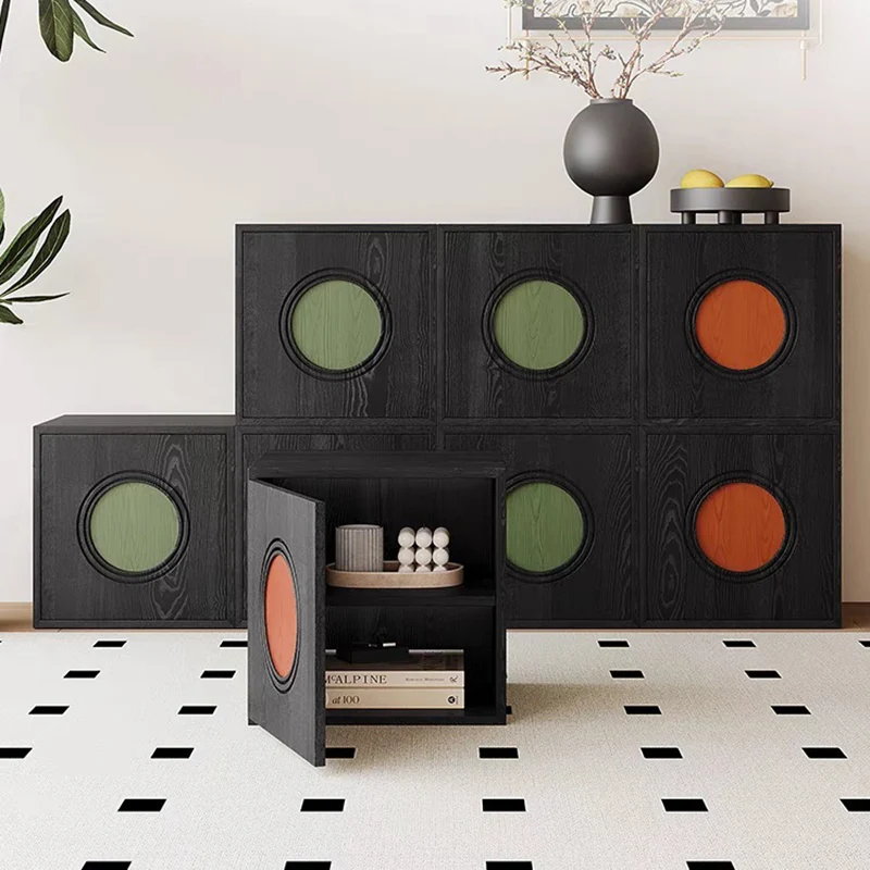 Contemporary Retro Square Round Solid Wood Composable Storage Cabinet 1-Cabinet For Living Room