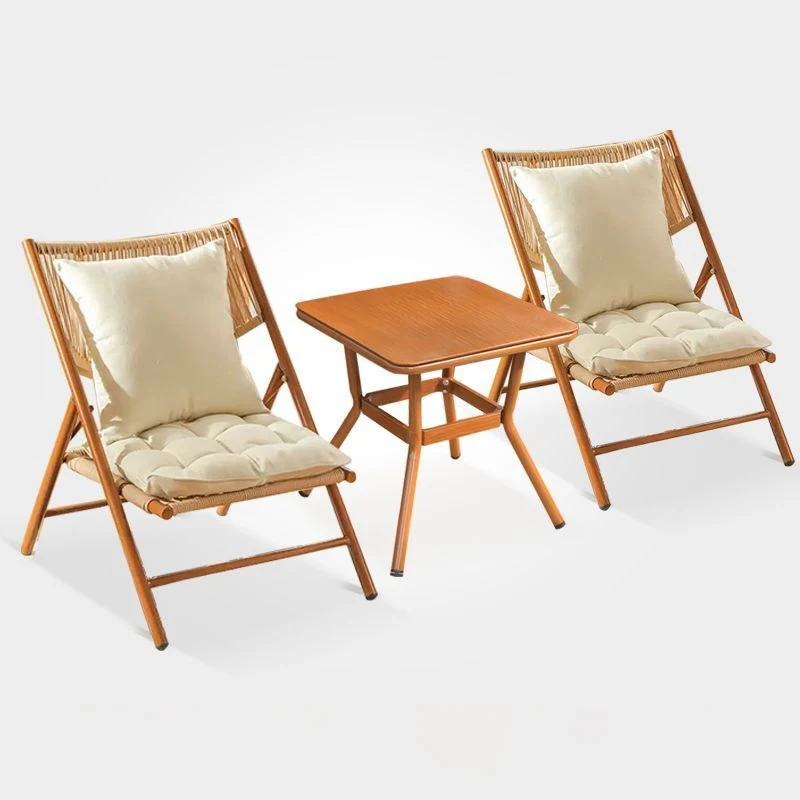 Traditional Chinese Square Carbon Steel Tempered Glass PE Rattan Table & Chair Set Foldable Backrest For Outdoor Patio