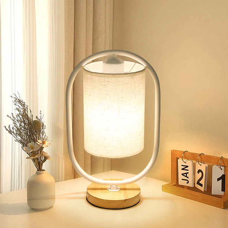 Contemporary Scandinavian Cylinder Solid Wood Fabric Metal 1-Light Table Lamp For Bedroom