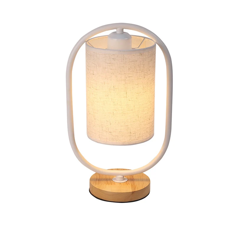 Contemporary Scandinavian Cylinder Solid Wood Fabric Metal 1-Light Table Lamp For Bedroom