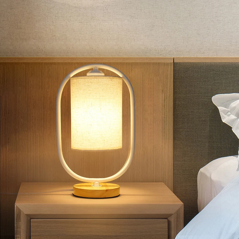 Contemporary Scandinavian Cylinder Solid Wood Fabric Metal 1-Light Table Lamp For Bedroom