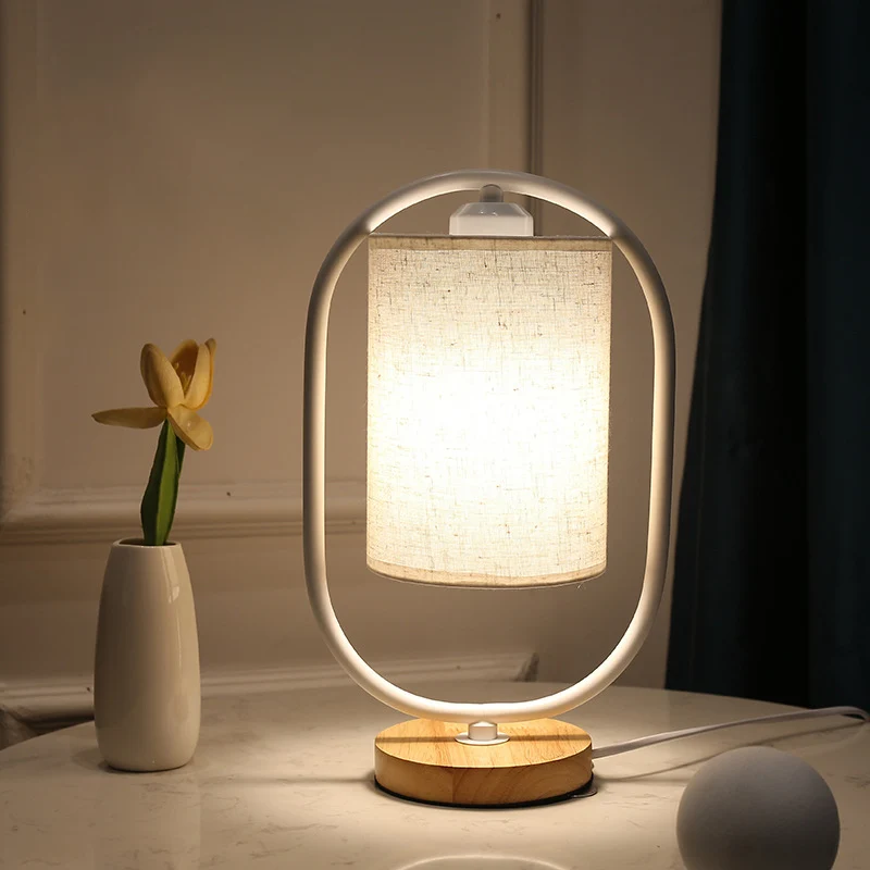 Contemporary Scandinavian Cylinder Solid Wood Fabric Metal 1-Light Table Lamp For Bedroom