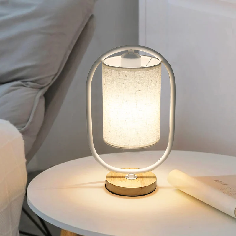 Contemporary Scandinavian Cylinder Solid Wood Fabric Metal 1-Light Table Lamp For Bedroom
