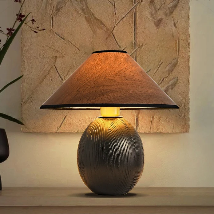 Traditional Vintage Round Conical Jar Base Solid Wood 1-Light Table Lamp For Bedroom