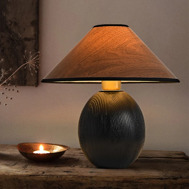 Traditional Vintage Round Conical Jar Base Solid Wood 1-Light Table Lamp For Bedroom