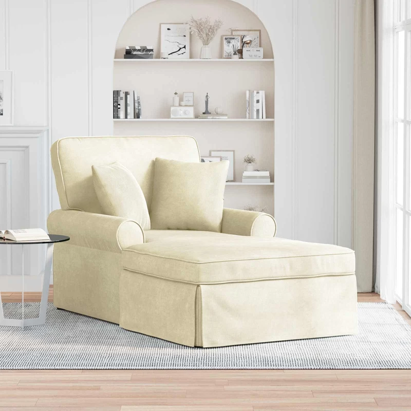 Chaise Lounge com Saia 3 unid. Creme Tecido de Veludo Cotele