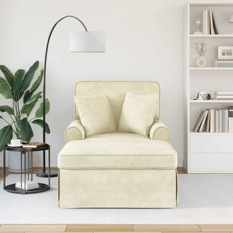 Chaise Lounge com Saia 3 unid. Creme Tecido de Veludo Cotele