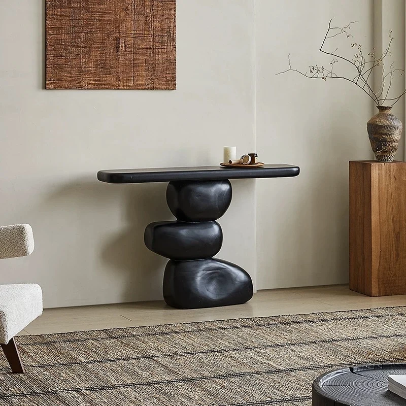 Traditional Vintage Pine Wood Irregular Round Rectangular Console Table For Entryway & Living Room