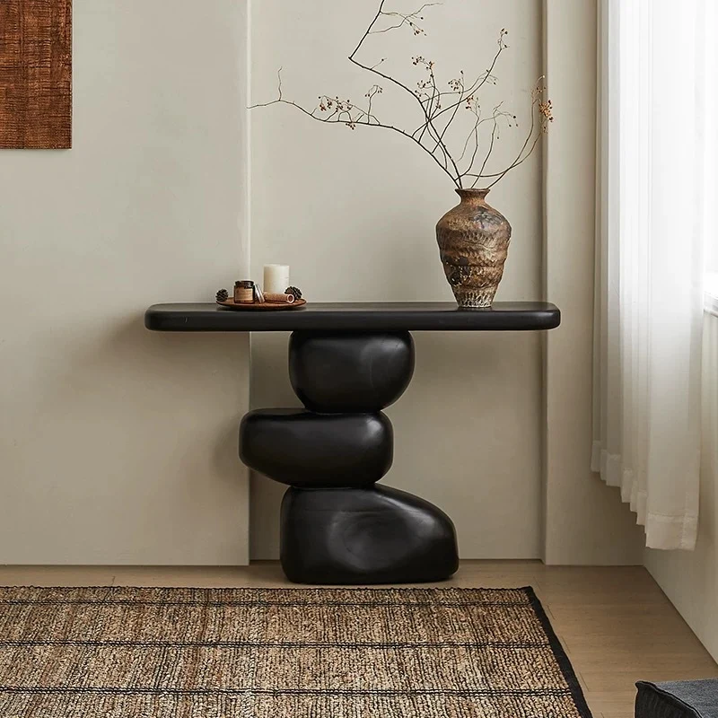 Traditional Vintage Pine Wood Irregular Round Rectangular Console Table For Entryway & Living Room