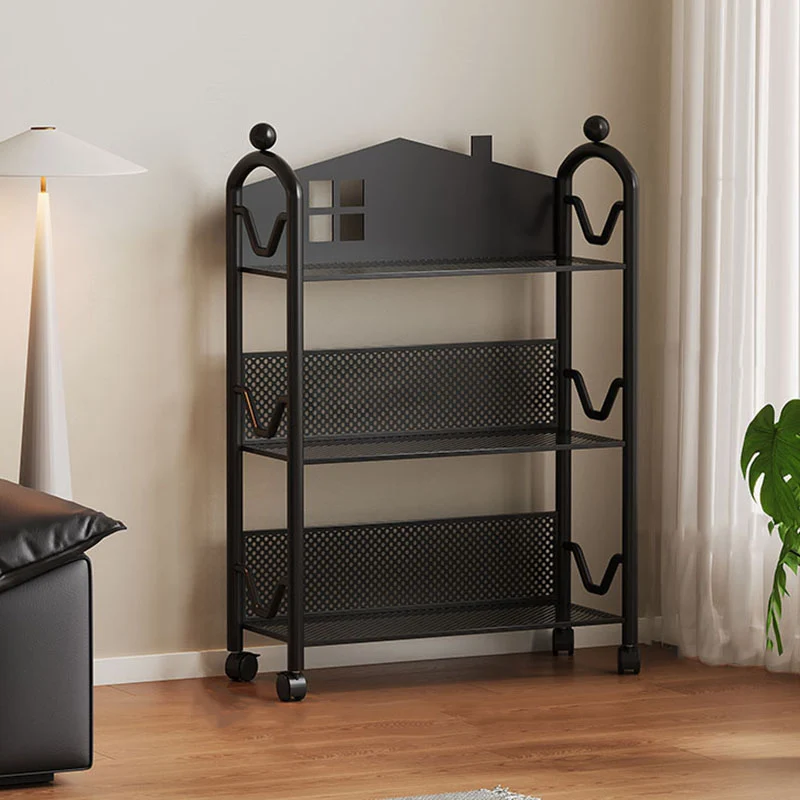 Contemporary Nordic Narrow Castle-Shaped Iron Movable Kids Storage Shelf 3/4-Tier For Living Room