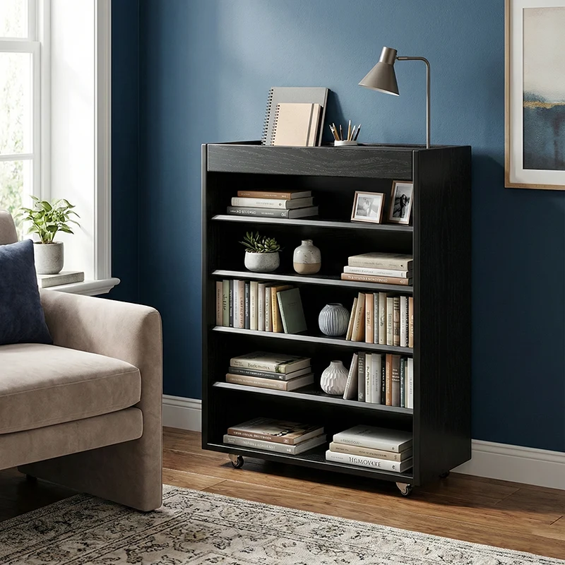 Modern Minimalist Rectangular Solid Rubberwood & Solid Wood Multi-Layer Board Movable Bookshelf 5-Tier For Study
