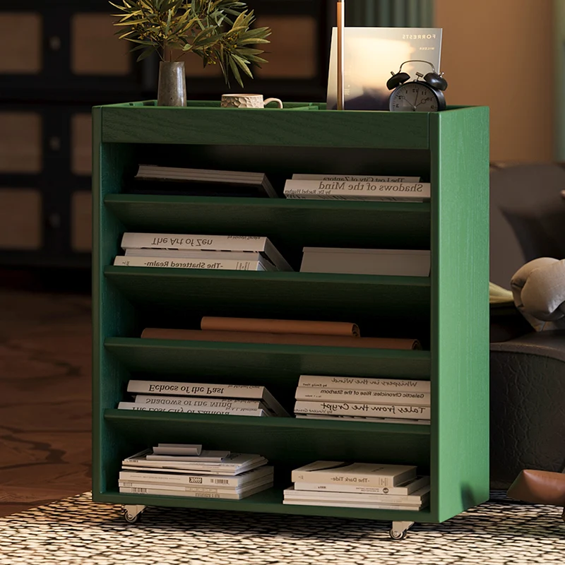 Modern Minimalist Rectangular Solid Rubberwood & Solid Wood Multi-Layer Board Movable Bookshelf 5-Tier For Study