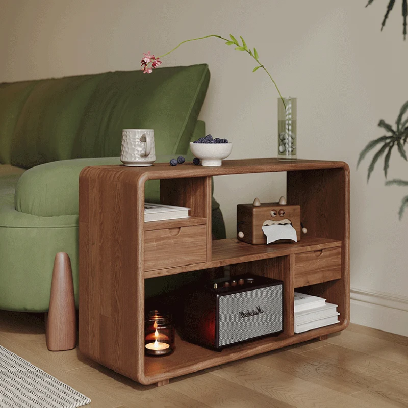 Traditional Vintage Hollowed-Out Rectangular Rubberwood Pine Wood Open Storage Cabinet 2-Drawer For Living Room