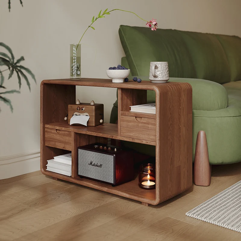 Traditional Vintage Hollowed-Out Rectangular Rubberwood Pine Wood Open Storage Cabinet 2-Drawer For Living Room