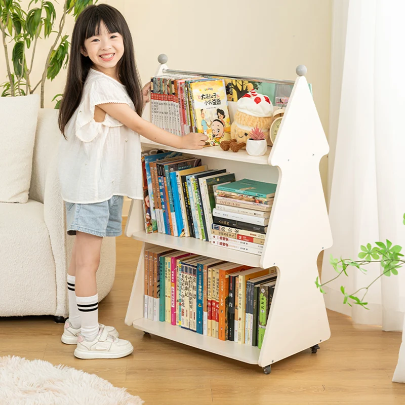 Contemporary Creative Christmas Tree Solid Wood Particle Board Acrylic Iron Kids Movable Bookshelf 3-Tier For Study