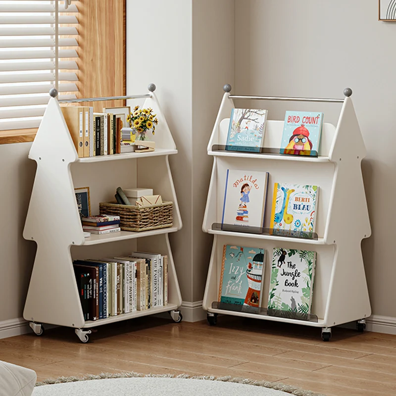Contemporary Creative Christmas Tree Solid Wood Particle Board Acrylic Iron Kids Movable Bookshelf 3-Tier For Study