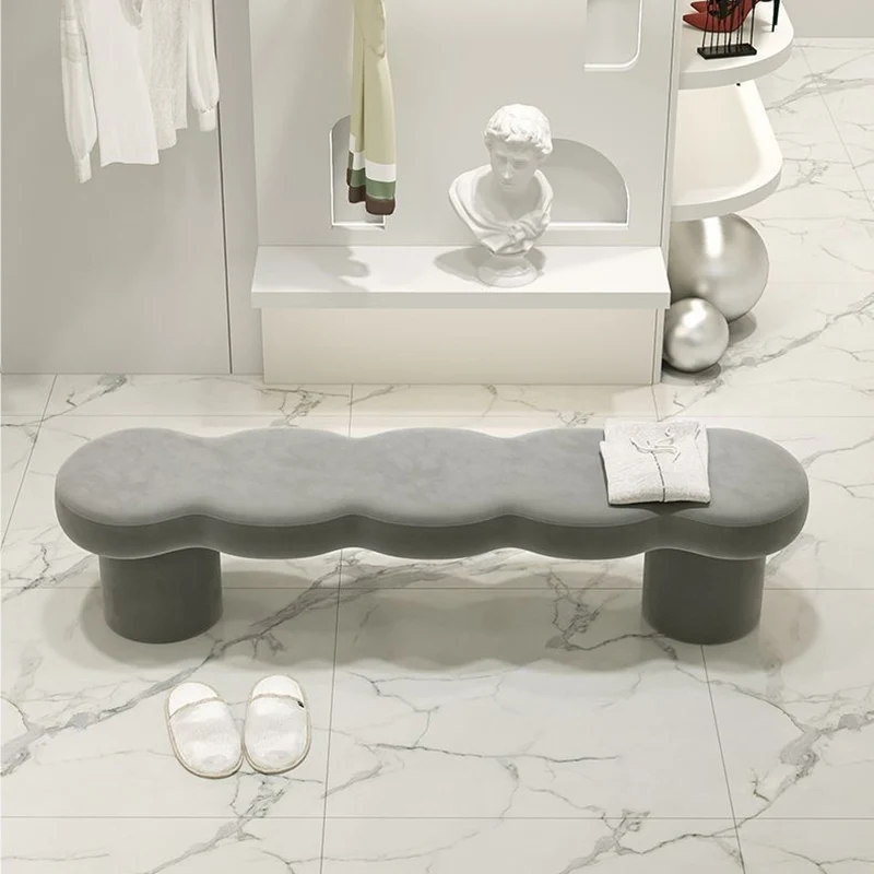 Contemporary Creative Solid Wood Wave-Design Bench With Faux Leather/Velvet For Entryway