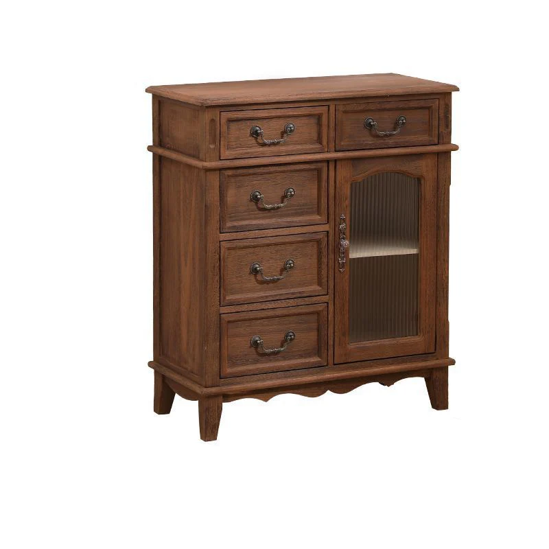 Modern Minimalist Rectangular Solid Wood Rattan Glass Storage Cabinet 5-Drawer 2-Cabinet 4-Leg For Living Room
