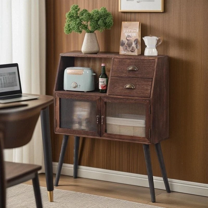 Traditional Vintage Rectangular Solid Wood Glass Storage Cabinet 2-Drawer 3-Cabinet 4-Leg For Living Room