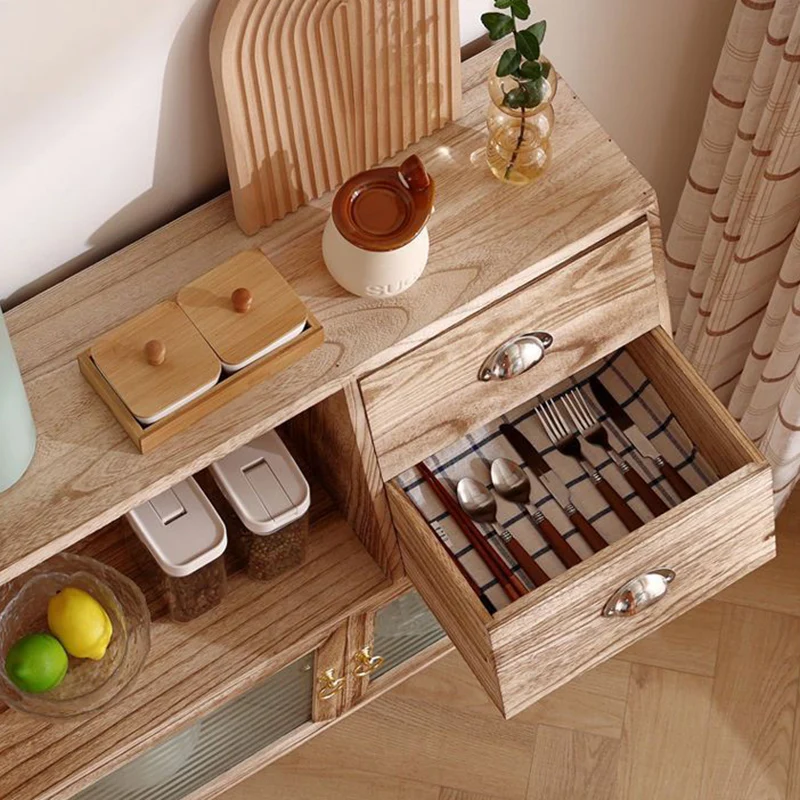 Traditional Vintage Rectangular Solid Wood Glass Storage Cabinet 2-Drawer 3-Cabinet 4-Leg For Living Room