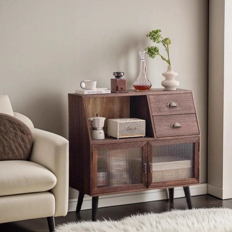 Traditional Vintage Rectangular Solid Wood Glass Storage Cabinet 2-Drawer 3-Cabinet 4-Leg For Living Room