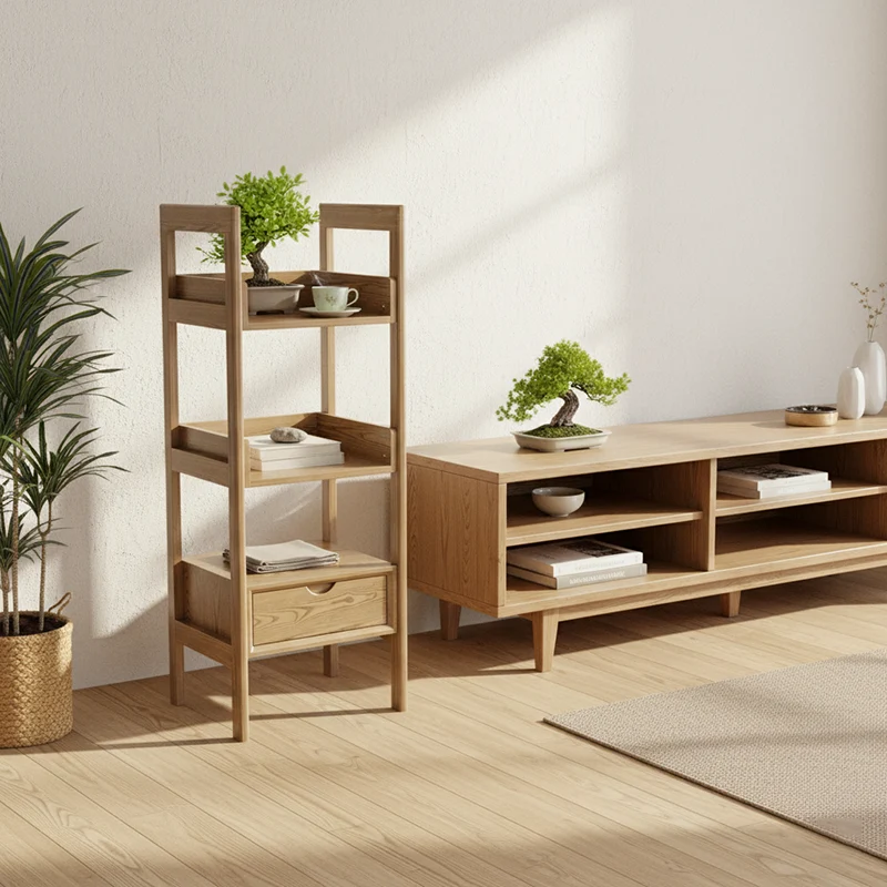 Premium Ash Wood Shelving Unit - Multi-Layer Storage Shelf For Living Room & Study