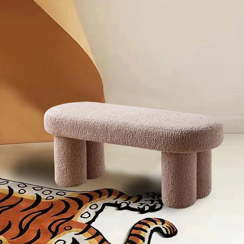 Modern Minimalist Round Rectangular Solid Wood Sherpa Fabric Sponge Bench For Living Room