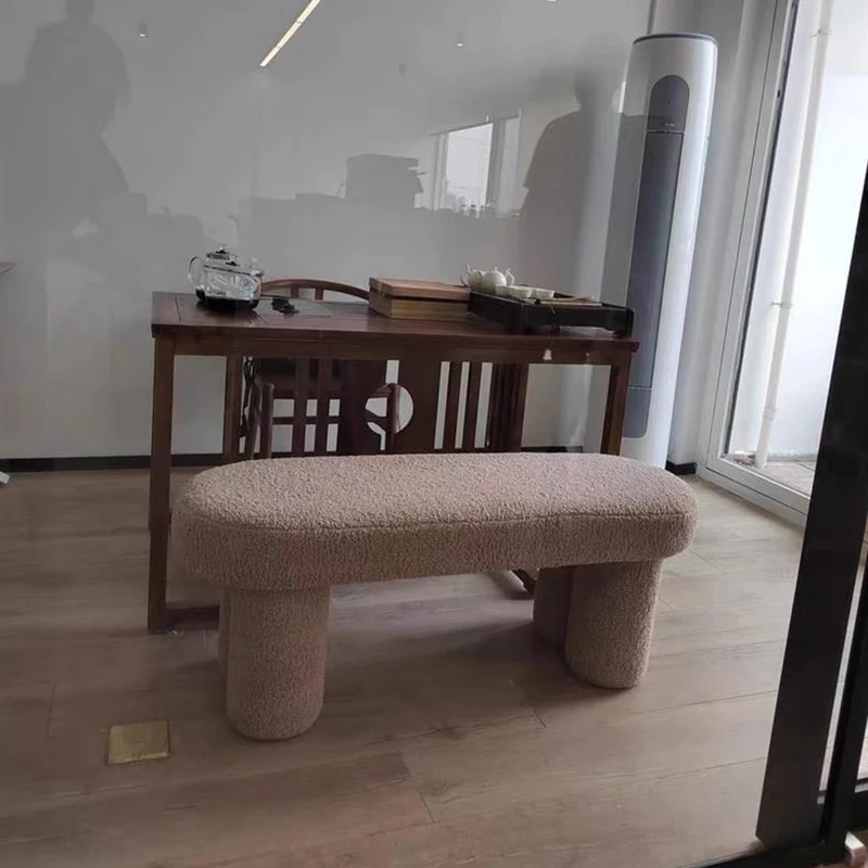 Modern Minimalist Round Rectangular Solid Wood Sherpa Fabric Sponge Bench For Living Room