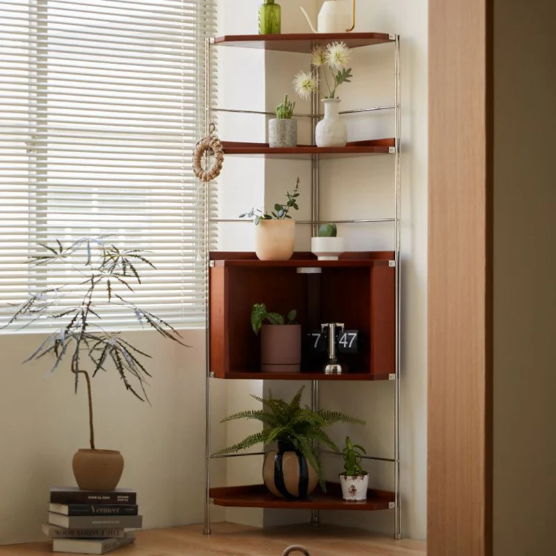 Modern Minimalist Rectangular Particle Board Steel Storage Corner Shelf Unit 5-Tier For Living Room