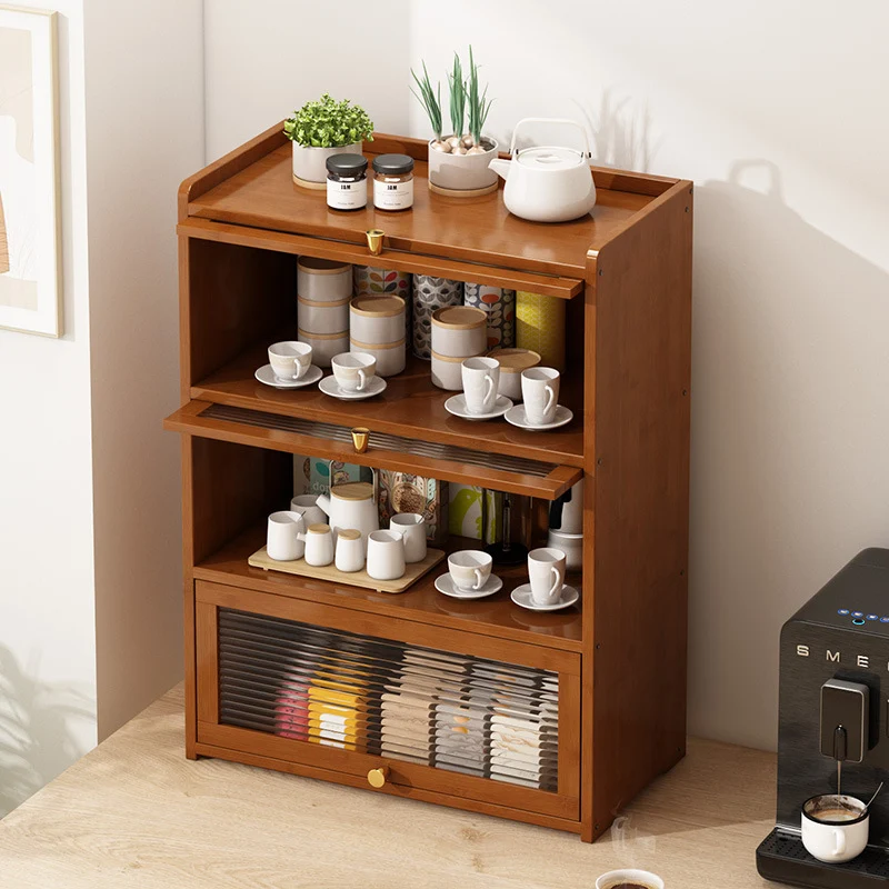 Traditional Chinese Bamboo Acrylic Rectangular Storage Cabinet 2/3/4-Tier For Living Room