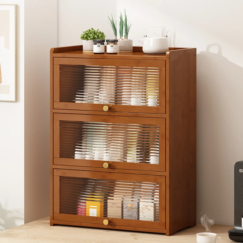 Traditional Chinese Bamboo Acrylic Rectangular Storage Cabinet 2/3/4-Tier For Living Room