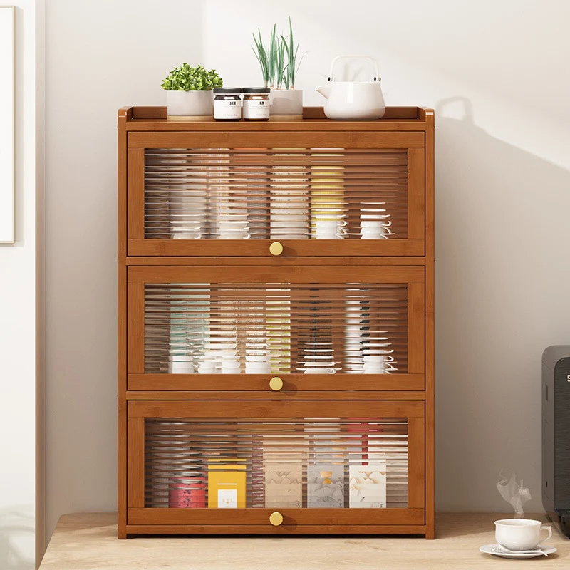 Traditional Chinese Bamboo Acrylic Rectangular Storage Cabinet 2/3/4-Tier For Living Room