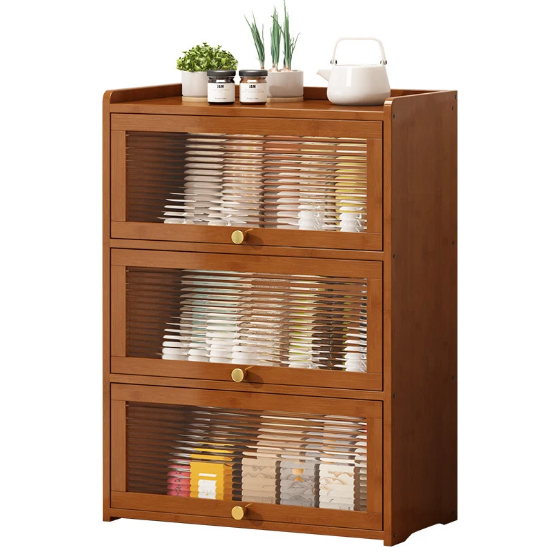 Traditional Chinese Bamboo Acrylic Rectangular Storage Cabinet 2/3/4-Tier For Living Room