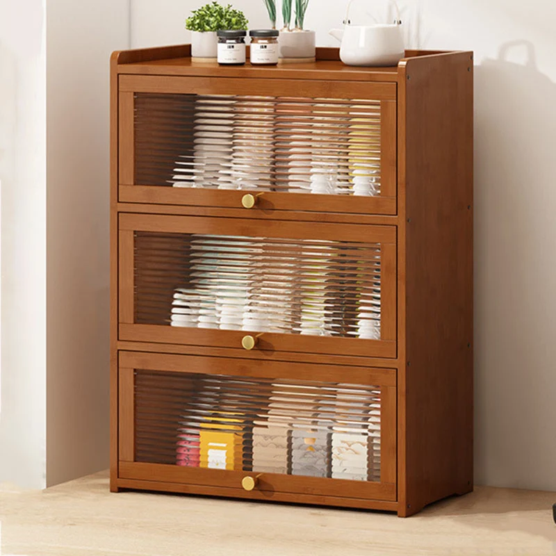 Traditional Chinese Bamboo Acrylic Rectangular Storage Cabinet 2/3/4-Tier For Living Room