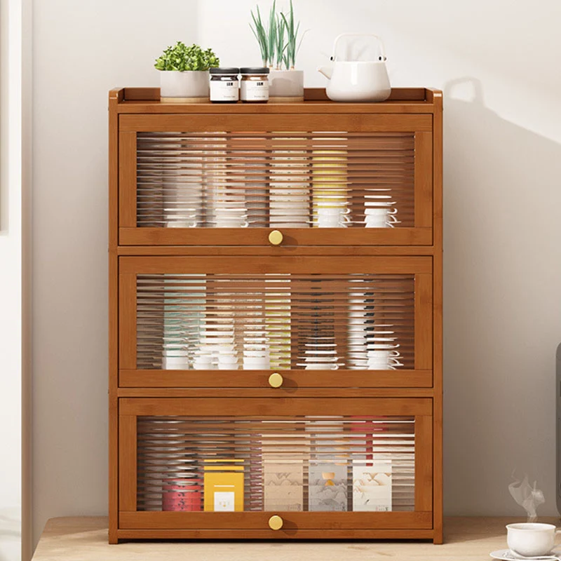 Traditional Chinese Bamboo Acrylic Rectangular Storage Cabinet 2/3/4-Tier For Living Room