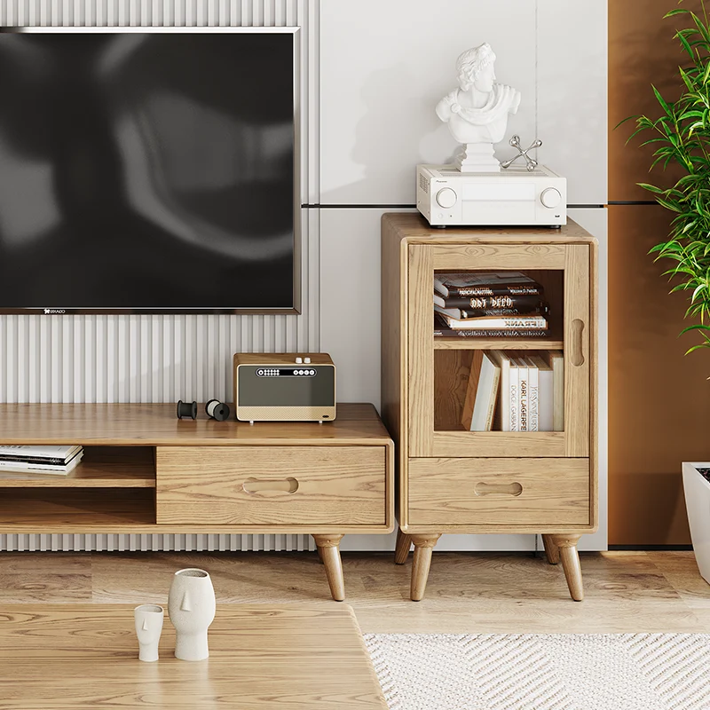 Premium Solid Ash Wood Side Cabinet - Sleek Rectangular Storage & Invisible Slide Drawer Storage Cabinet 2-Layer Cabinet For Living Room