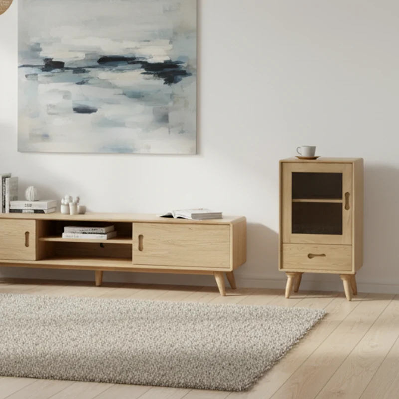Premium Solid Ash Wood Side Cabinet - Sleek Rectangular Storage & Invisible Slide Drawer Storage Cabinet 2-Layer Cabinet For Living Room