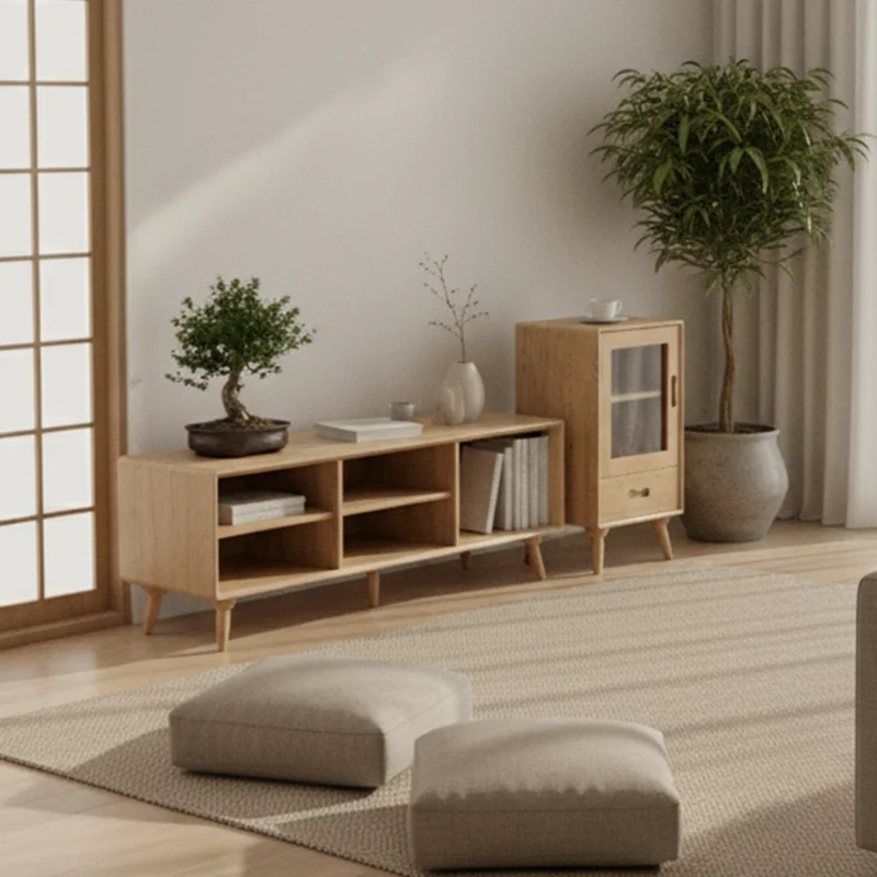 Premium Solid Ash Wood Side Cabinet - Sleek Rectangular Storage & Invisible Slide Drawer Storage Cabinet 2-Layer Cabinet For Living Room